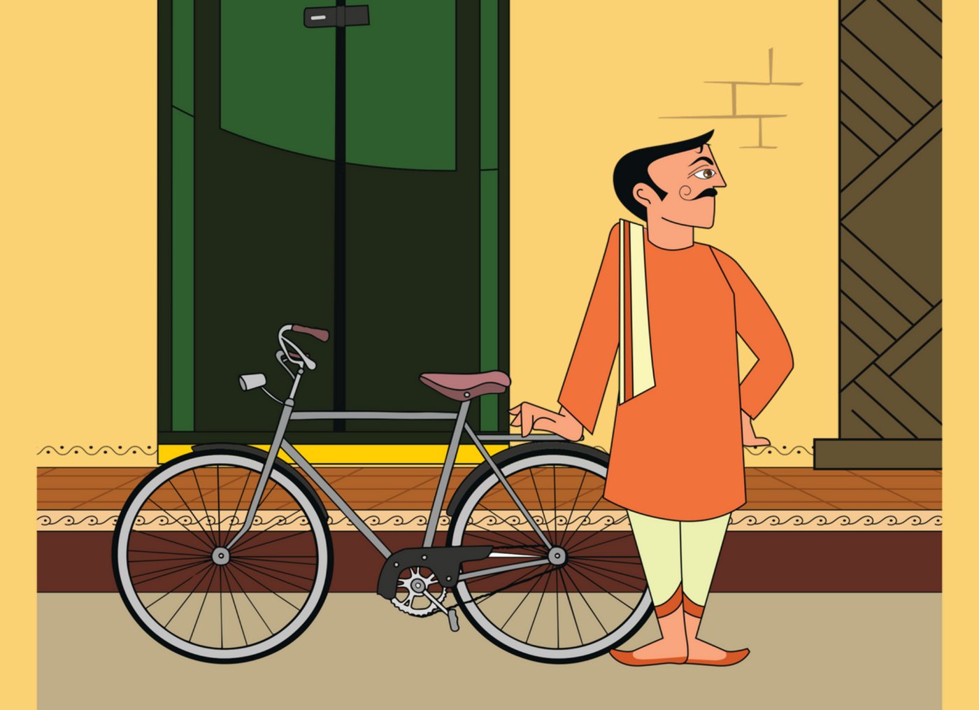 Illustration of a man in an orange kurta with his bicycle outside a green door, from Kinnera's menu art